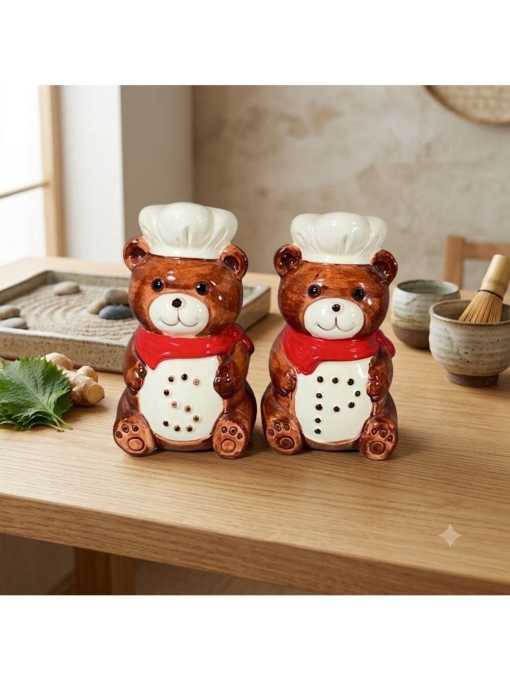 MCM B&D Japan Teddy Bear Chef Salt and Pepper Shaker Set 1980s Kitchen Kitsch - Picture 1 of 8